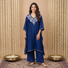 Dista Gharana India Premium Chanderi Silk Midnight Blue Chikankari Kaftan Set with Kamdani Work